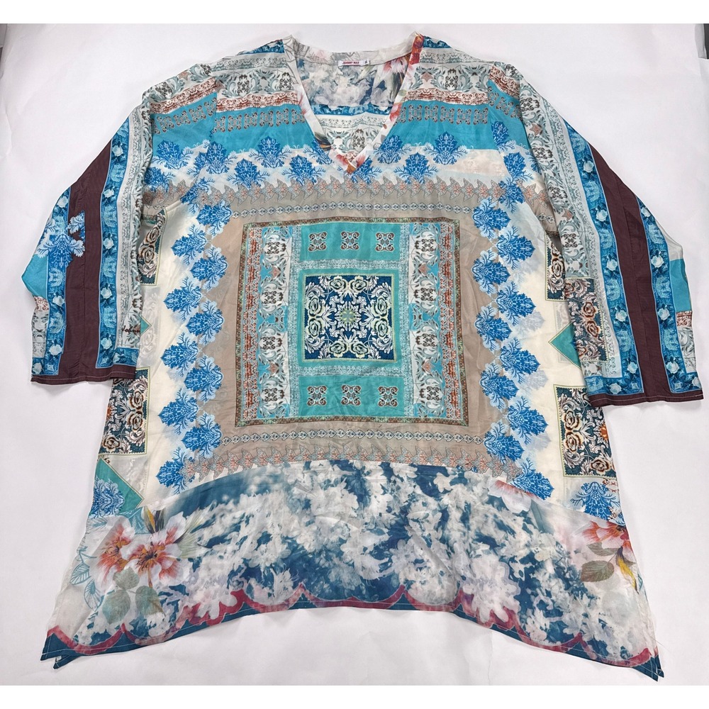 Johnny Was 3X Tunic Top Blouse Silk Scarf Print Turquoise Blue Floral Plus Size